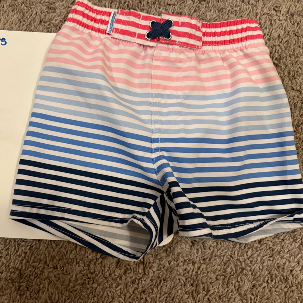 Ruffle Butts Pink and Blue Striped Kids Swim Trunks